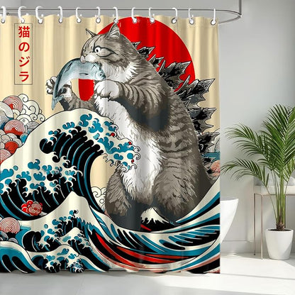 Funny Japanese Cat Shower Curtain, Vintage Cat Eating Fish Japan Art Anime Sunset Wave Waterproof Shower Curtain with Hooks, Animal for Kids Fabric Shower Curtains Bathroom Decor 72X72inches