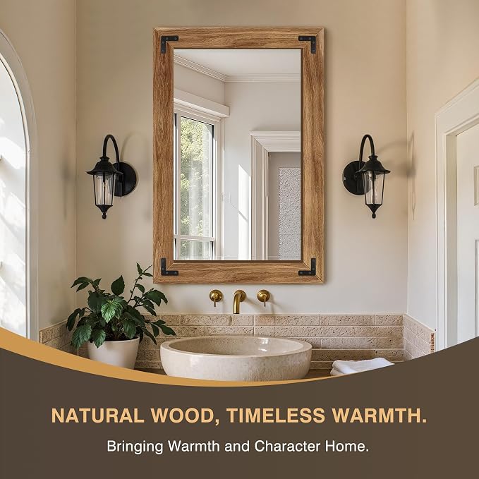 Bathroom Mirror for Wall, 24" x 36" Wooden Vanity Mirror | Solid Wood Frame, Rustic Farmhouse Style, Shatterproof Glass, for Bedroom, Living Room, Entryway Decor, Vertical/Horizontal