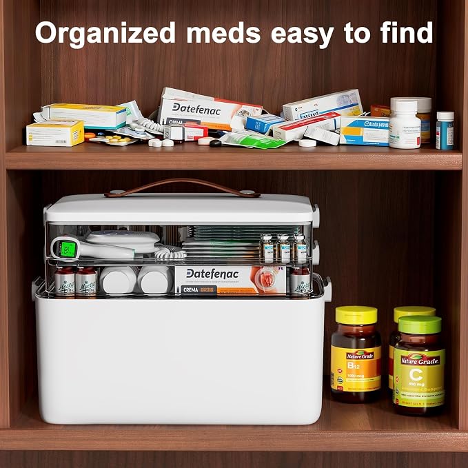 Spreezy 3-Tier Medicine Storage Box, Portable Empty First Aid Kit | Cabinet with Leather Handles. Large Capacity Multifunctional Storage Box with Lid and Clasp for Medicine, Sewing, Art, Craft