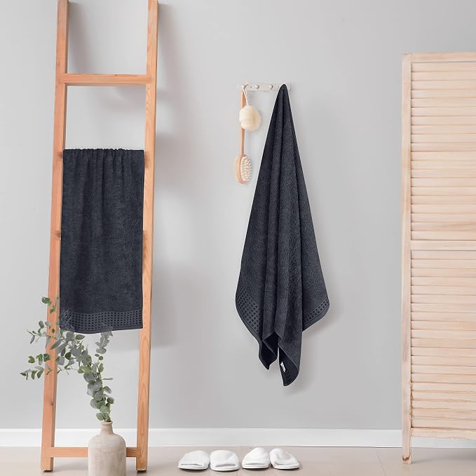 GLAMBURG 100% Cotton 2 Pack Oversized Bath Towel Set 28x55 Inches, Ultra Soft Highly Absorbant Compact Quickdry & Lightweight Large Bath Towels, Ideal for Gym Travel Camp Pool - Charcoal Grey