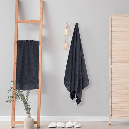 GLAMBURG 100% Cotton 2 Pack Oversized Bath Towel Set 28x55 Inches, Ultra Soft Highly Absorbant Compact Quickdry & Lightweight Large Bath Towels, Ideal for Gym Travel Camp Pool - Charcoal Grey