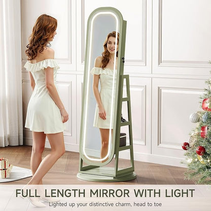 360° Swivel Jewelry Mirror Cabinet with Lights, Inside Makeup Mirror, Standing Jewelry Armoire Organizer, Rotatable Full-Length Mirror with Jewelry Storage, Lockable with Back Storage Shelves (Green)
