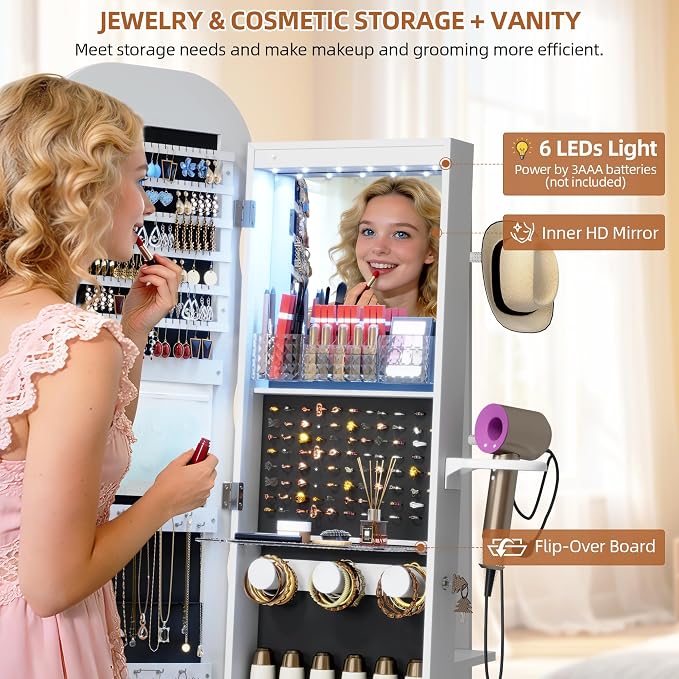 Vlsrka LED Mirror Jewelry Cabinet Standing, 360° Swivel, White | Lockable Jewelry Armoire with Mirror, Interior LED Makeup Mirror, Foldable Shelf, Large Capacity, Gift for Women, Girls