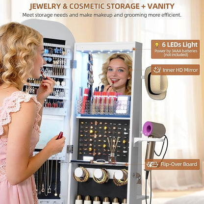 Vlsrka LED Mirror Jewelry Cabinet Standing, 360° Swivel, White | Lockable Jewelry Armoire with Mirror, Interior LED Makeup Mirror, Foldable Shelf, Large Capacity, Gift for Women, Girls