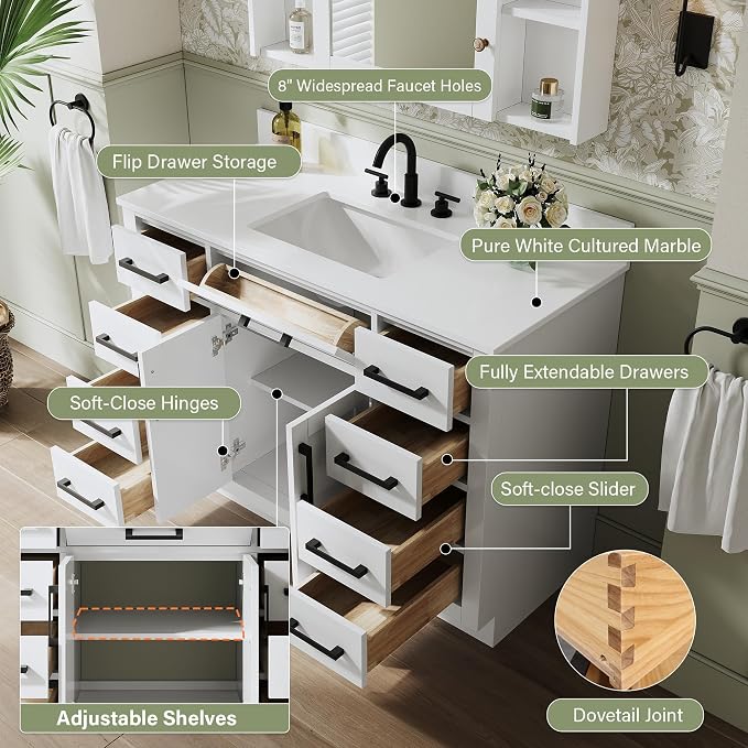 48-Inch Bathroom Vanity with Sink W/ 2 Doors & 8 Drawers & 1 Flip Drawer, White Vanity W/Matte Black Handles