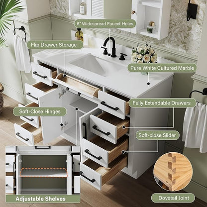 48-Inch Bathroom Vanity with Sink W/ 2 Doors & 8 Drawers & 1 Flip Drawer, White Vanity W/Matte Black Handles