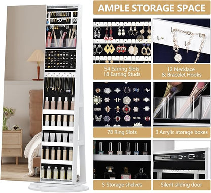LVSOMT Standing Jewelry Cabinet with Sliding Full Length Mirror, White | 360° Swivel Mirror with Jewelry Storage, Lockable Jewelry Armoire Organizer with 3 Rear Shelves for Bedroom, Gift for Women