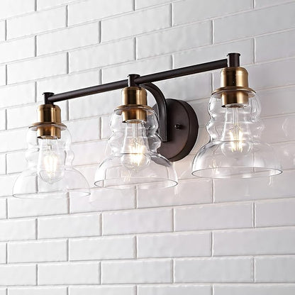 JONATHAN Y 25.5" Brass Gold/Oil Rubbed Bronze Modern Industrial Rustic 3-Light LED Vanity Light with Clear Glass Shade, Vintage Wall Sconce for Bathroom Kitchen Hallway, LED Bulb Included (JYL3546A)
