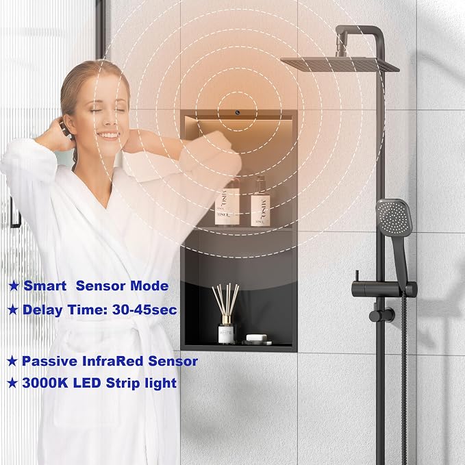 2-Tiers Smart Body Sensor Shower Niche, Black 24"x12" | Recessed Wall Niche with White 3000K LED Light , Waterproof &Rustproof, 304 Stainless Steel Bathroom Cabinet