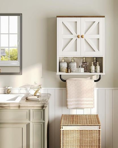 Bathroom Wall Cabinet, Medicine Cabinet with Open Partition and Towel Bar, Rustic Storage Cabinet with Open and Hidden Storage Space, for Bathroom, Living Room, Kitchen, White and Walnut