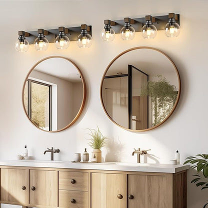 Farmhouse Bathroom Vanity Light Fixtures, 4-Light Wood Bathroom Light Fixtures Over Mirror, Rustic Vanity Lighting with Glass Shade for Living Room, Bedroom, Hallway