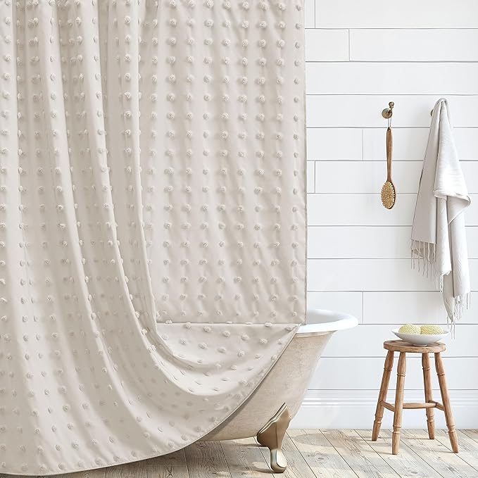 Extra Long Beige Boho Shower Curtain Woven Fabric Cute Shower Curtain, 72 x 96 Tufted Pleat Floral Puffs Textured Modern Farmhouse Minimalist Shower Curtain Set with Hooks for Bathroom