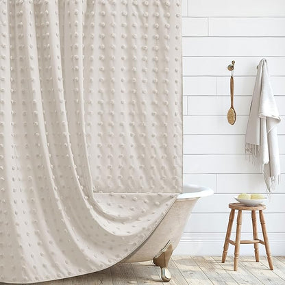 Extra Long Beige Boho Shower Curtain Woven Fabric Cute Shower Curtain, 72 x 96 Tufted Pleat Floral Puffs Textured Modern Farmhouse Minimalist Shower Curtain Set with Hooks for Bathroom