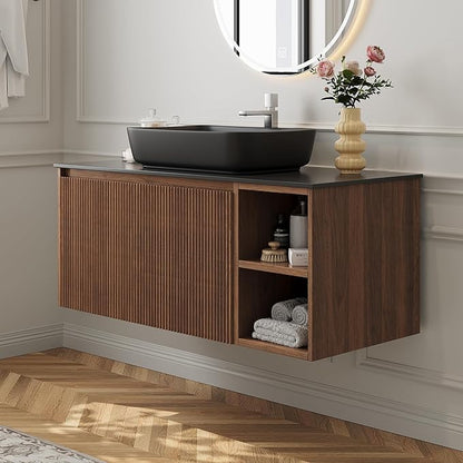 36" Modern Floating Bathroom Vanity with Single Sink - Wall Mounted Storage Bathroom Cabinet with Black Sintered Stone Countertop| Large Storage Space & Open Shelves, Dark Wood