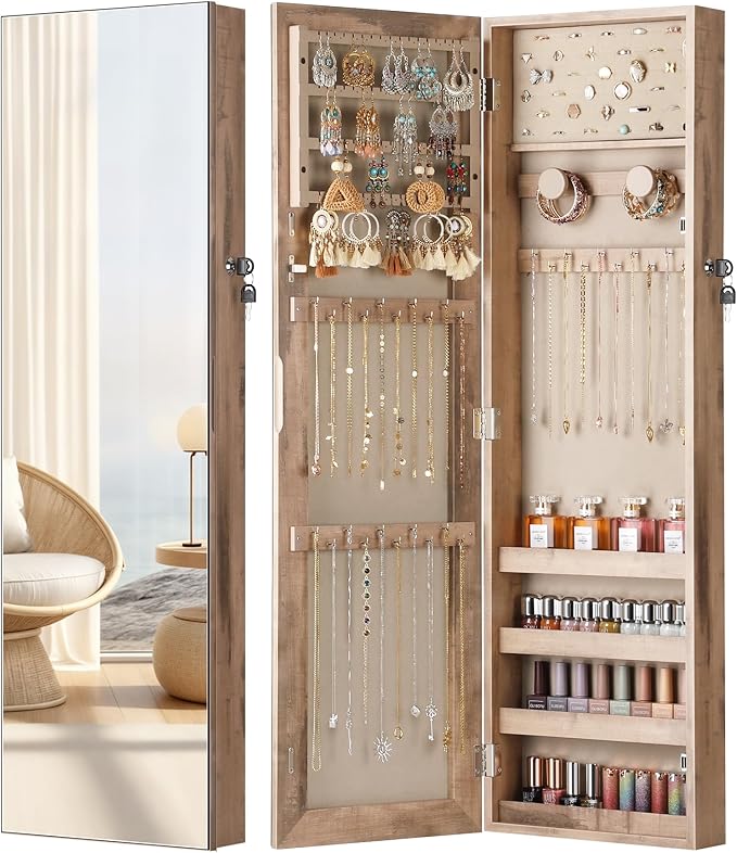 Nicetree Mirror Jewelry Cabinet, Full Length Mirror, Wall Mounted, Oak | Lockable Jewelry Armoire Organizer, Hanging Mirror with Jewelry Storage, Velvet Interior, Gift Idea,Easy Assembly