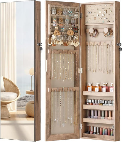 Nicetree Mirror Jewelry Cabinet, Full Length Mirror, Wall Mounted, Oak | Lockable Jewelry Armoire Organizer, Hanging Mirror with Jewelry Storage, Velvet Interior, Gift Idea,Easy Assembly