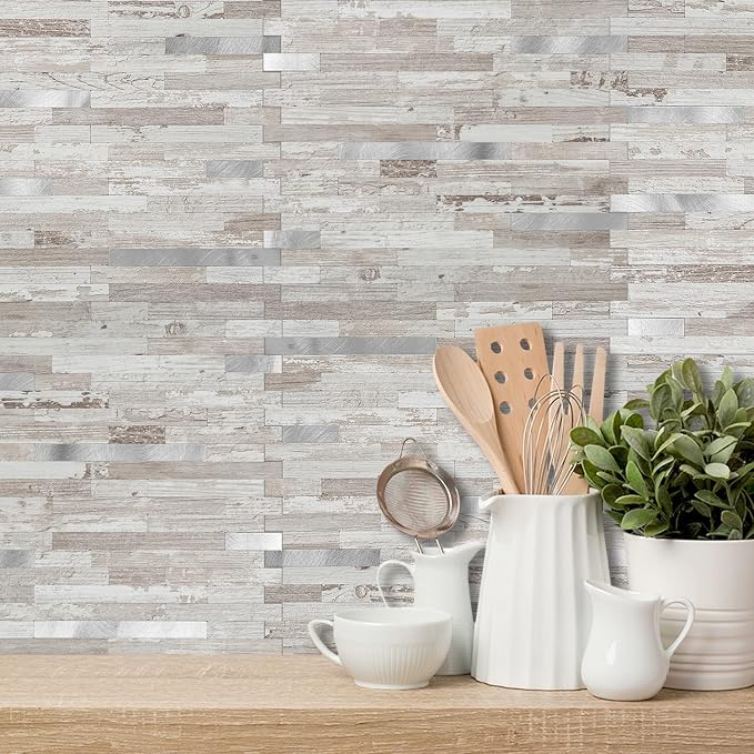 DICOFUN 10-Sheet Peel and Stick Backsplash Tile, Brown Birch PVC Mixed Metal Stick on Backsplash Tiles for Kitchen, 9.4 sq.ft