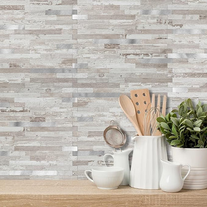 DICOFUN 10-Sheet Peel and Stick Backsplash Tile, Brown Birch PVC Mixed Metal Stick on Backsplash Tiles for Kitchen, 9.4 sq.ft