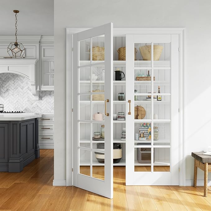 SMARTSTANDARD 56" x 80" Clear Glass French Interior Solid Core Door Slab | 10-Lite Glass Pantry Door for Bathroom Laundry Pocket, Pre-Assembled Panel without Hardware, White Primed