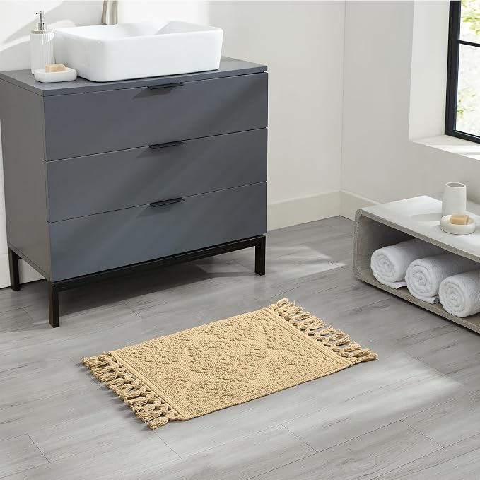 Jean Pierre - Ricardo Bath Mat, Woven Fringe Bathroom Rugs, 100% Cotton, Premium Bathroom Decor - Measures 17" x 31" - Linen