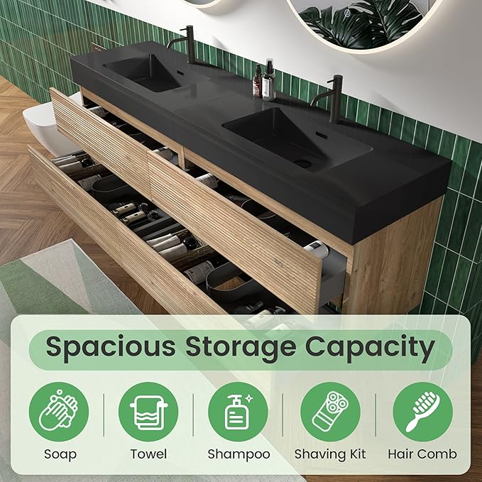 72" Floating Bathroom Vanity with Sink Combo, Modern Floating Double Sink Bathroom Vanity with Black Engineered Stone Tops & 4 Soft-Closing Drawers, Large Storage for Apartment, Hotel, Rough Oak