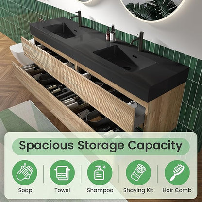 72" Floating Bathroom Vanity with Sink Combo, Modern Floating Double Sink Bathroom Vanity with Black Engineered Stone Tops & 4 Soft-Closing Drawers, Large Storage for Apartment, Hotel, Rough Oak