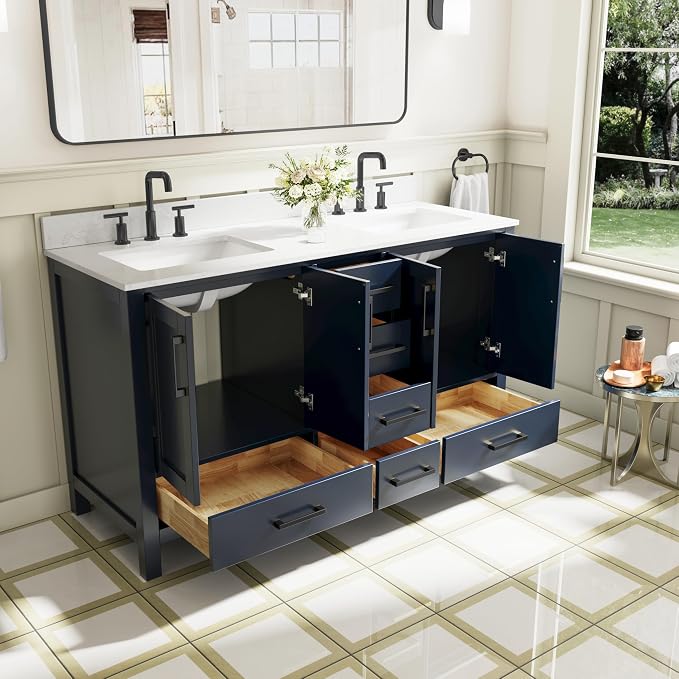 60-Inch Bathroom Vanity with Sink, 4 Soft-Close Doors and 6 Soft-Close Drawers, Bathroom Freestanding Vanity with Cultured Marble Countertop, Navy Blue Vanity with Matte Black Handles