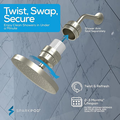 SparkPod Filtered Shower Head, 23-Stage, 8" Round, Brushed Nickel | Showerhead for Hard Water, High Pressure, Reduces Chlorine, Heavy Metals, For Dry Skin & Hair, Removable Capsule Filter