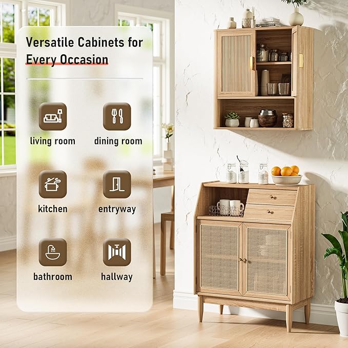 Bathroom Wall Storage Cabinet, Medicine Cabinet with Adjustable Wood Shelf & Doors, Over The Toilet Storage Cabinet for Laundry Room & Living Room Kitchen Storage Islands (Natural Oak)