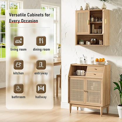 Bathroom Wall Storage Cabinet, Medicine Cabinet with Adjustable Wood Shelf & Doors, Over The Toilet Storage Cabinet for Laundry Room & Living Room Kitchen Storage Islands (Natural Oak)