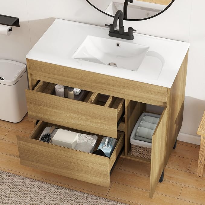 YITAHOME 36 Inch Bathroom Vanity with Sink | Bathroom Cabinet Vanity, Freestanding Storage Bathroom Vanity with 1 Soft Closing Cabinet & 2 Drawers, Natural Brown