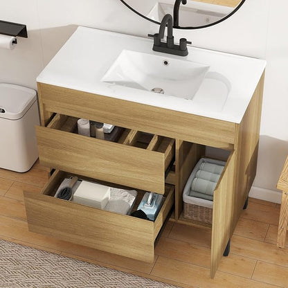 YITAHOME 36 Inch Bathroom Vanity with Sink | Bathroom Cabinet Vanity, Freestanding Storage Bathroom Vanity with 1 Soft Closing Cabinet & 2 Drawers, Natural Brown