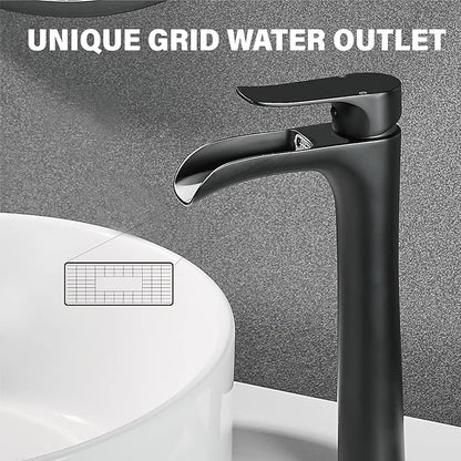 YUNDOOM Vessel Sink Faucet, Matte Black Single Hole Single Handle Tall Bathroom Bowl Sink Faucet,Waterfall Bathroom Faucet