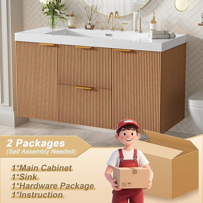Merax 42 inch Bathroom Vanity with Sink, Wall Mounted Storage Vanities with Drawer and Door, SMC Resin Countertop and Basin, Single Sink, Nature Wood