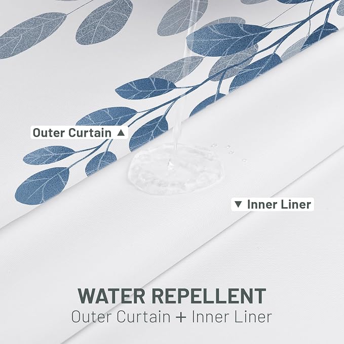 No Hook Floral Shower Curtain with Liner, Blue, 71x74 | Snap in Liner, 3 in 1, Water Repellent, Easy Install, Machine Washable, Hotel Style for Bathroom, Watercolor Pattern