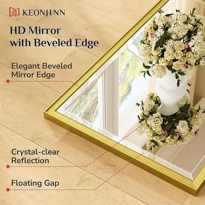 Keonjinn 60" x 36" Gold Bathroom Mirrors, Secure French Cleat Installation | Tempered Glass with Beveled Edge, Aluminum Alloy Frame, Anti-Rust, Large, Brushed Gold Bathroom Vanity Mirror for Wall