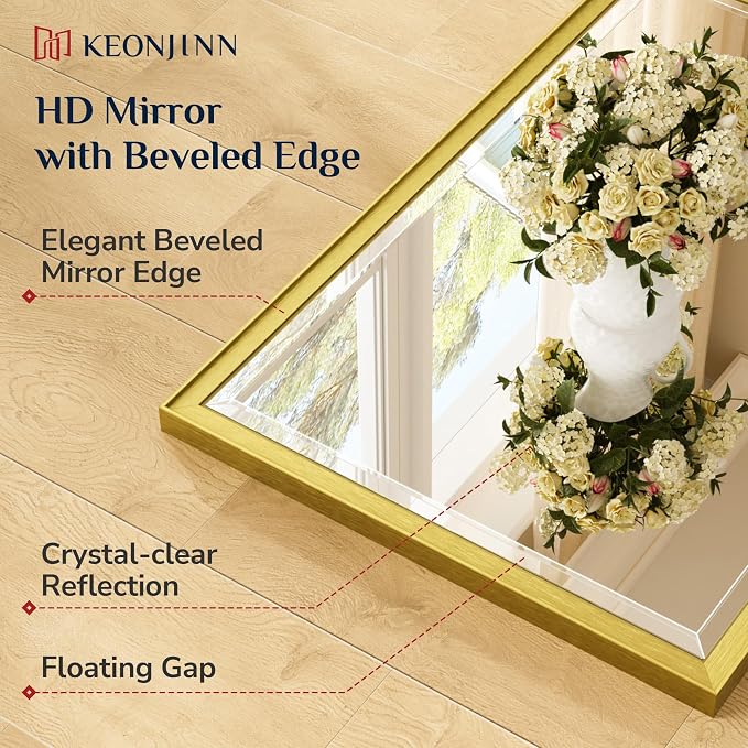 Keonjinn 48" x 24" Brushed Gold Framed Mirror for Bathroom, Tempered Glass | Aluminum Alloy, Effortless French Cleat Installation, Vertical/Horizontal, Rectangle Wall Mirror for Vanity, Hallway Decor