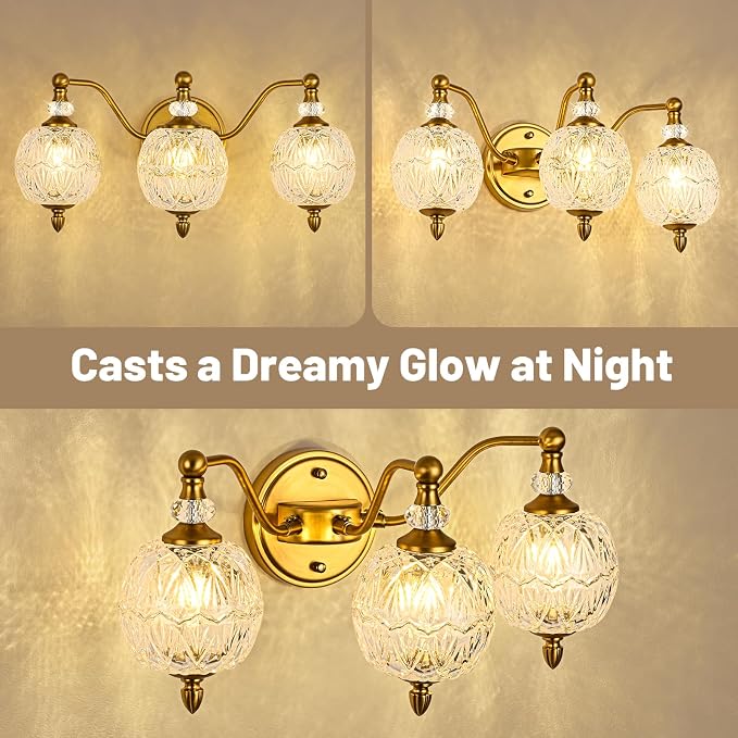 Vintage Bathroom Vanity Light, 3-Light Mid Century Matte Brass Finish Wall Sconce with Globe Glass Shades, Retro Mirror Light for Bathroom, Powder Room