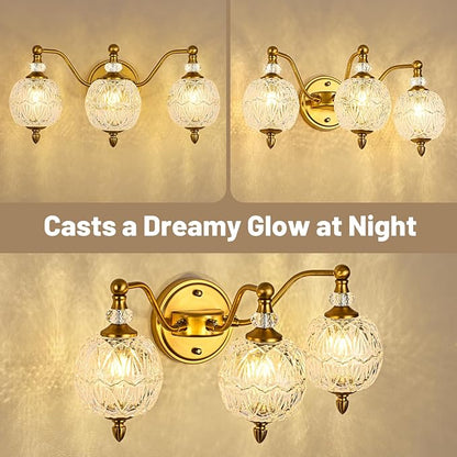 Vintage Bathroom Vanity Light, 3-Light Mid Century Matte Brass Finish Wall Sconce with Globe Glass Shades, Retro Mirror Light for Bathroom, Powder Room