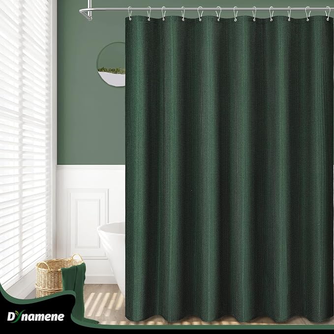 Waffle Shower Curtain 256 GSM Heavy Duty Fabric 72"x72" Dark Green | Thick Textured Cloth, Weighted Hem, Water Repellent Washable, Hotel Luxury Polyester Shower Curtain Set for Bathroom 12 Hooks