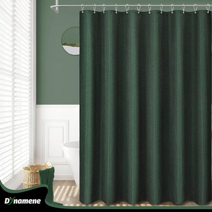 Waffle Shower Curtain 256 GSM Heavy Duty Fabric 72"x72" Dark Green | Thick Textured Cloth, Weighted Hem, Water Repellent Washable, Hotel Luxury Polyester Shower Curtain Set for Bathroom 12 Hooks