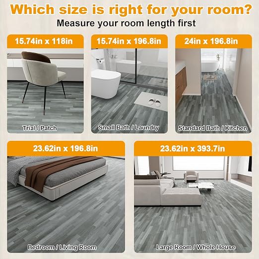 Countewol Peel and Stick Vinyl Flooring Roll Grey Wood Look, Self Adhesive Waterproof Removable PVC Floor Sheet for Apartment Kitchen RV
