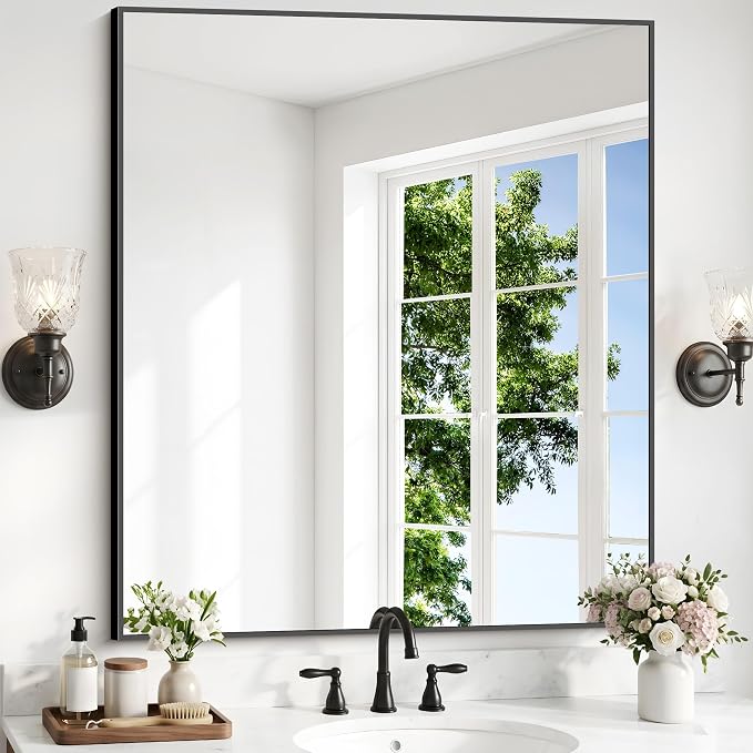 DESBING Black Bathroom Mirror for Wall, 36x40 Inch Rectangle Mirrors with Metal Frame, Modern Vanity Wall Mirror Decor for Entryway Hangs, Bathroom Living Room Horizontal or Vertical