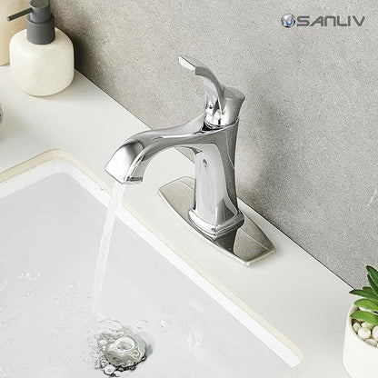 Chrome Bathroom Faucet, Sanliv Single Handle Centerset Bathroom Sink Faucet with Pop-Up Drain & Deck Plate for 1 or 3-Hole (4 inch) Installation, Modern Farmhouse Vanity Faucet, Polished Chrome