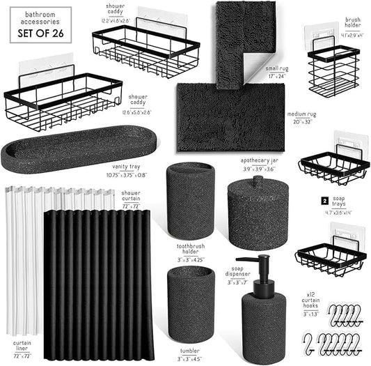 Clara Clark Coal Black Bathroom Set - Bathroom Sets with Shower Curtain and Rugs, 26PC Bathroom Accessory Set, Shower Curtain Set with Adhesive Corner Shower Caddy Hanging & Soap Dispenser