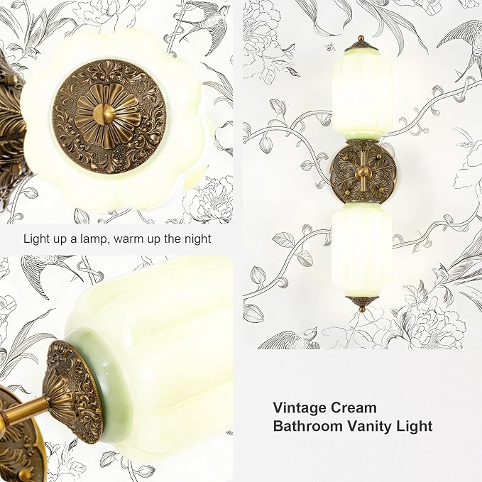Vintage Milk Glass Bathroom Vanity Light, 2-Light Vintage Wall Sconce with Antique Brass Finish Base & Green Glass Shad, Wall Sconce Lighting for Mirror, Living Room, Gallery (Bulbs Included)