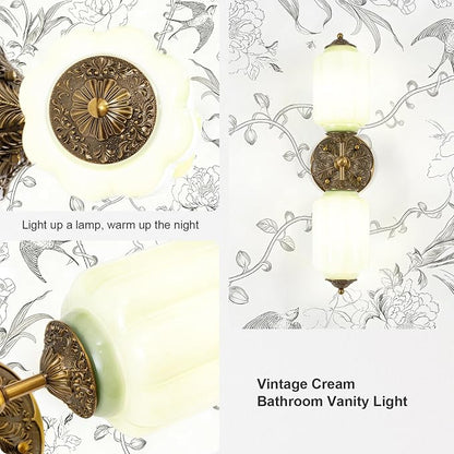 Vintage Milk Glass Bathroom Vanity Light, 2-Light Vintage Wall Sconce with Antique Brass Finish Base & Green Glass Shad, Wall Sconce Lighting for Mirror, Living Room, Gallery (Bulbs Included)