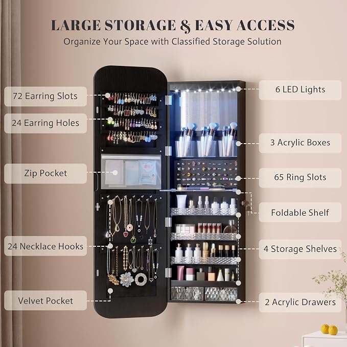 Vlsrka 47.2" Wall/Door Mounted Jewelry Cabinet Organizer Armoire W/Mirror | 6 LEDs, Over The Door Hanging Jewelry Organizer with Rounded Corner Mirror, Lockable Full Length Mirror with Storage, Black