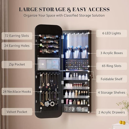 Vlsrka 47.2" Wall/Door Mounted Jewelry Cabinet Organizer Armoire W/Mirror | 6 LEDs, Over The Door Hanging Jewelry Organizer with Rounded Corner Mirror, Lockable Full Length Mirror with Storage, Black