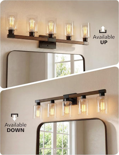VOLISUN Farmhouse Bathroom Vanity Light Fixtures, 5 Light,UL Certificated | 5 Light Bathroom Vanity Lights Over Mirror, Rustic Vanity Light for Bathrooms,Wood Bathrooms Lights Fixtures Over Mirror